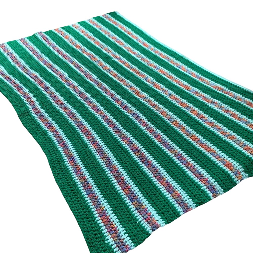 Handmade Crochet Lap Blanket Green Multicolor Striped Afghan Small Throw 46x30